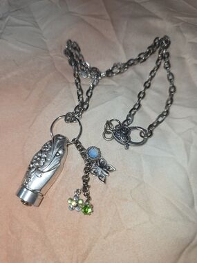 Silver Floral Pendant Necklace with Green and Blue Crystal Charms